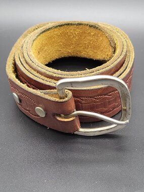 Men's Brown leather Geometric Emboss Dress Belt Adjustable Silver Buckle 52 1.5"